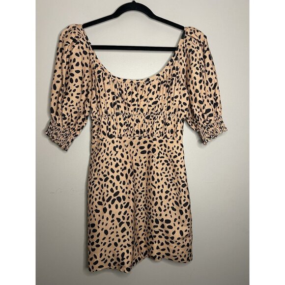 Fame and Partners Animal Print Gathered Sleeve Smocked Mini  Dress Women Size 2 - Picture 1 of 6